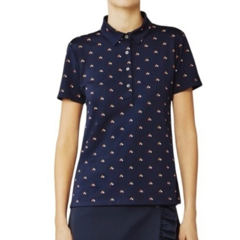 Tory Burch Sport Retro-Print Navy Blue Tech Pique Polo Golf‎ Shirt Size Small